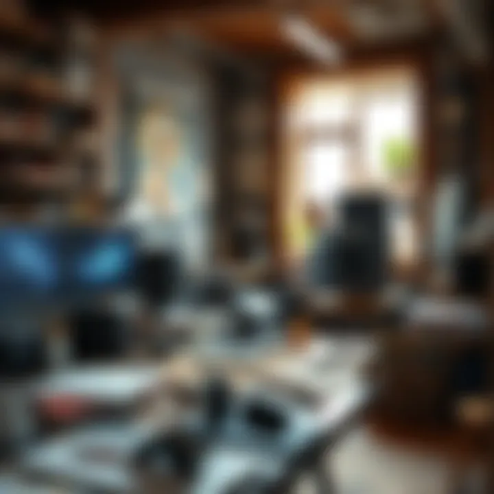 An artist's workspace filled with digital tools and art supplies