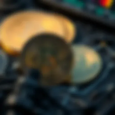 A close-up of a Casascius coin next to Bitcoin symbols representing its value