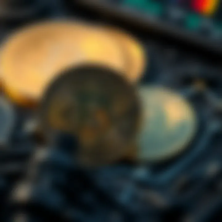 A close-up of a Casascius coin next to Bitcoin symbols representing its value