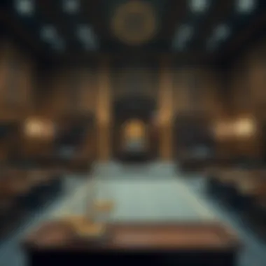 A courtroom with cryptocurrency symbols