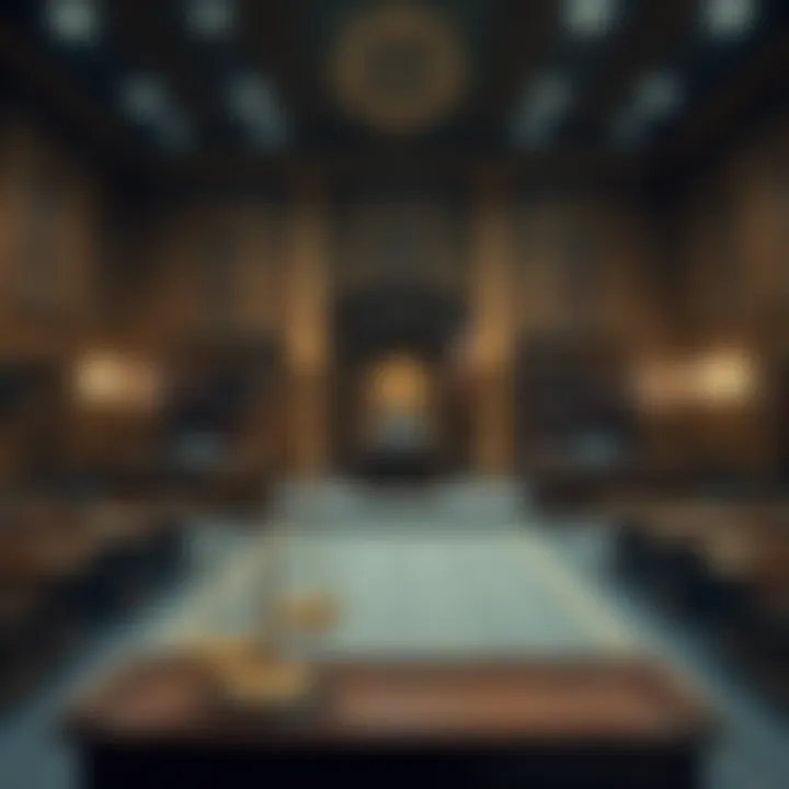 A courtroom with cryptocurrency symbols