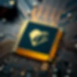 A close-up of a CPU chip with circuit patterns
