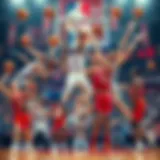 A vibrant digital collage showcasing iconic basketball moments