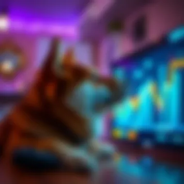 A captivating Shiba Inu dog gazing at a television screen displaying cryptocurrency visuals.