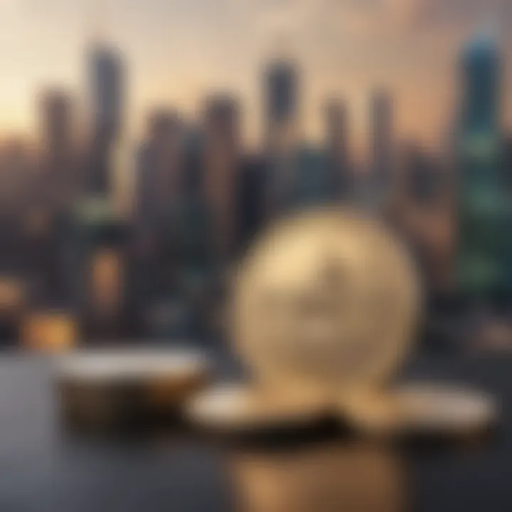 An artistic representation of skyline coins against a city backdrop.