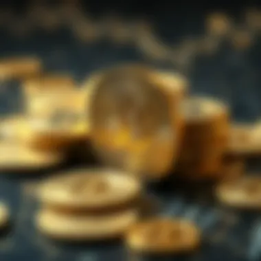 Digital currency symbols alongside gold coins