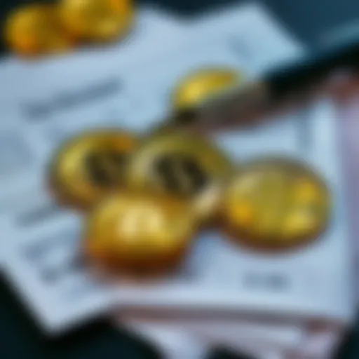 Illustration of cryptocurrency coins with tax documents